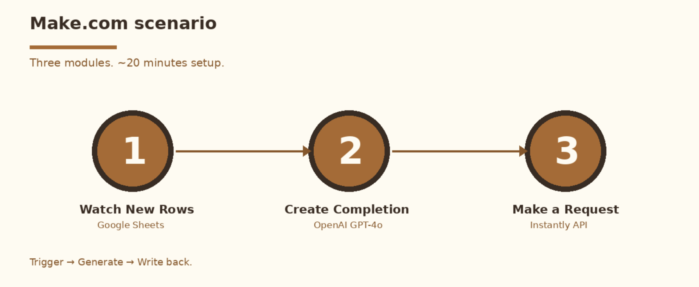 Make.com scenario builder showing the three-module workflow: Google Sheets trigger, OpenAI chat completion, and HTTP request to Instantly API